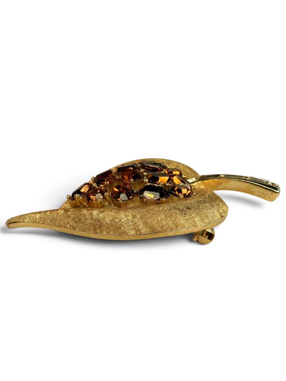 Vintage Crown Trifari Gold Leaf Brooch With Amber Rhinestones - Picture 9 of 13